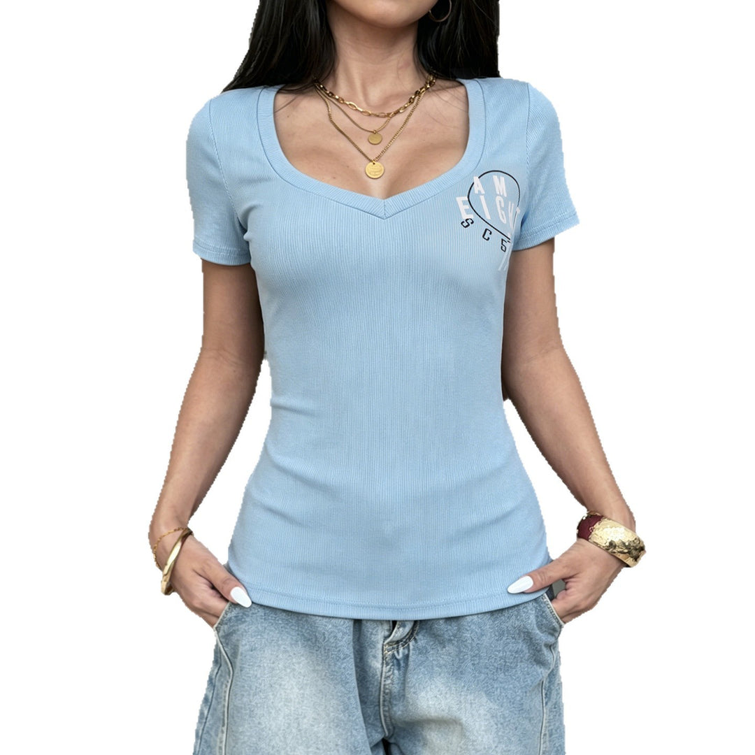Damen Kurzarmshirt mit V-Ausschnitt und grafischem Print Drune