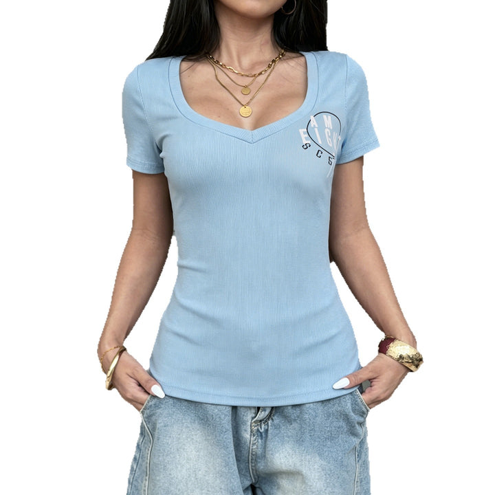 Damen Kurzarmshirt mit V-Ausschnitt und grafischem Print Drune