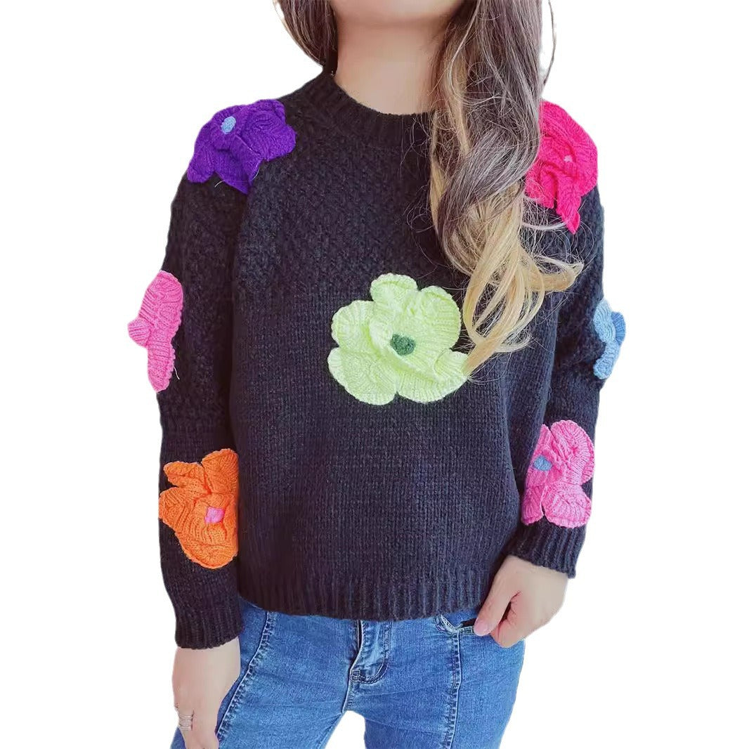 Damen lässiger Pullover mit bunten Blumenapplikationen Drune