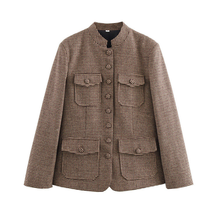 Damen elegante Karojacke mit durchgehender Knopfleiste und praktischen Taschen Drune