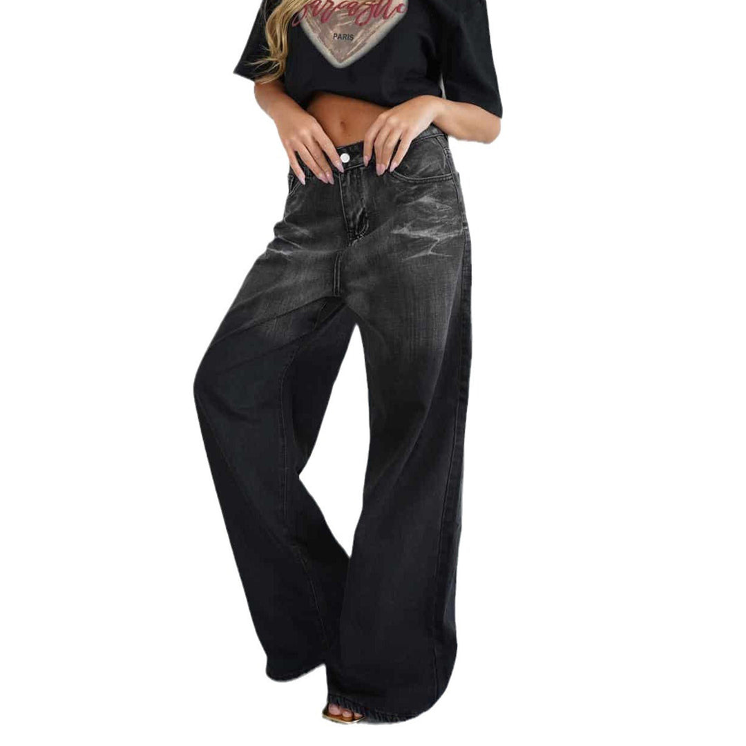 Damen lockere High-Waist Jeans mit angesagtem Farbverlauf und weitem Bein Drune