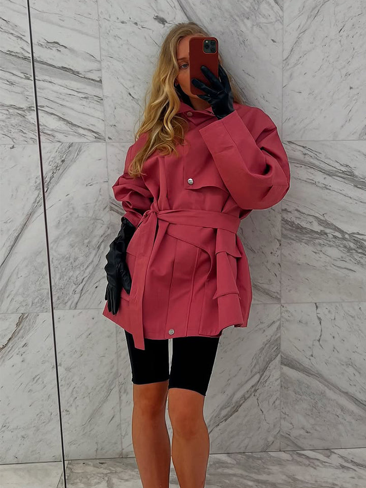 Damen Langer Trenchcoat mit breitem Kragen und taillierbarem Gürtel Drune