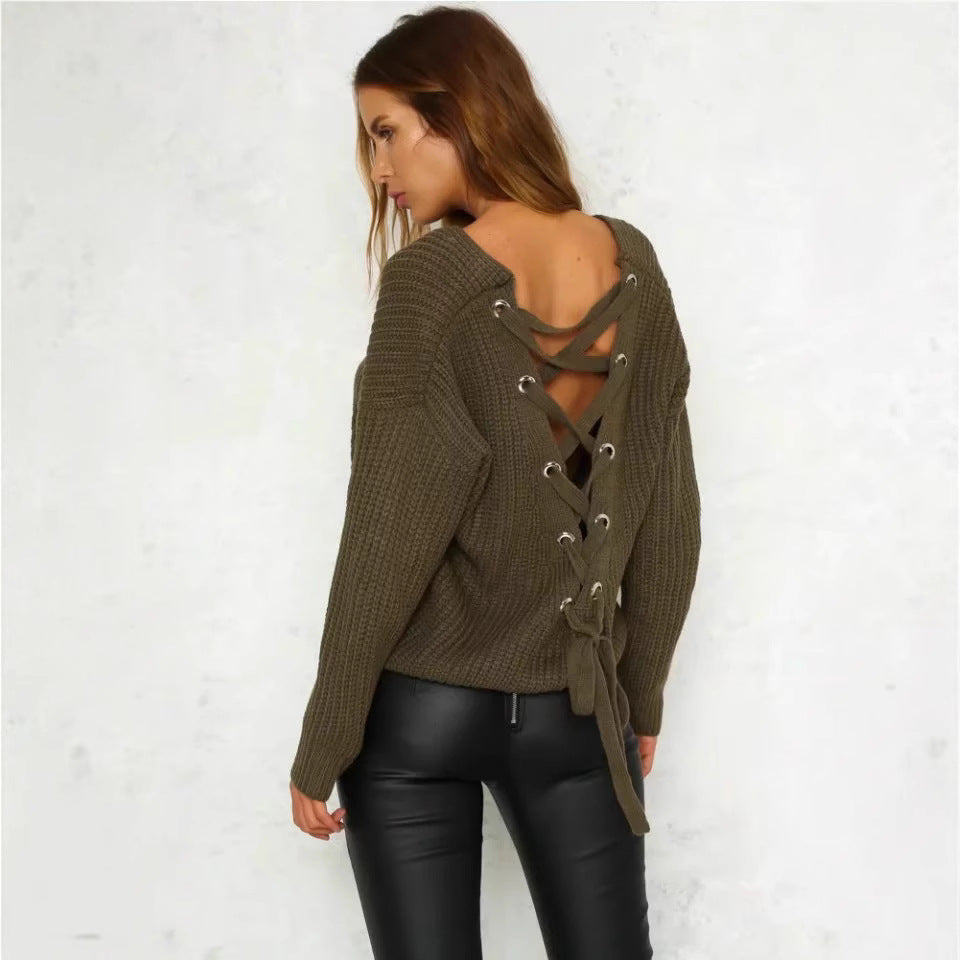 Damen Strickpullover mit tiefem V-Ausschnitt und dekorativem Rückendesign Drune