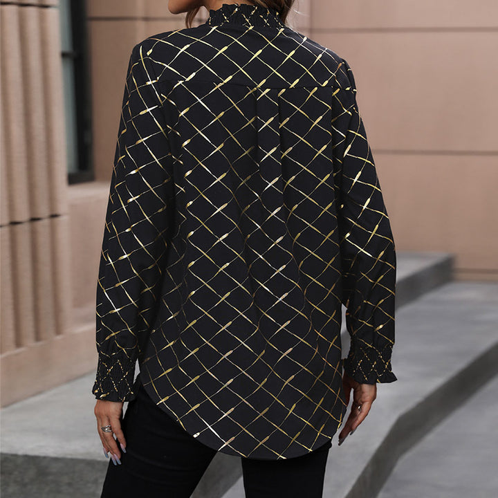 Damen Bluse mit elegantem Rautenmuster und hochgeschlossenen Kragen Drune