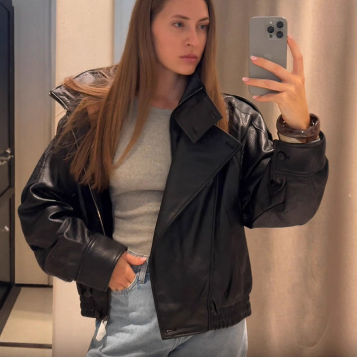 Damen lässige Kunstlederjacke im Oversized-Schnitt Drune