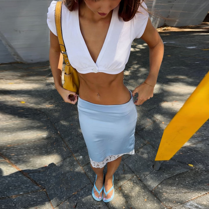 Damen Crop-Top mit tiefem V-Ausschnitt und Puffärmeln Drune
