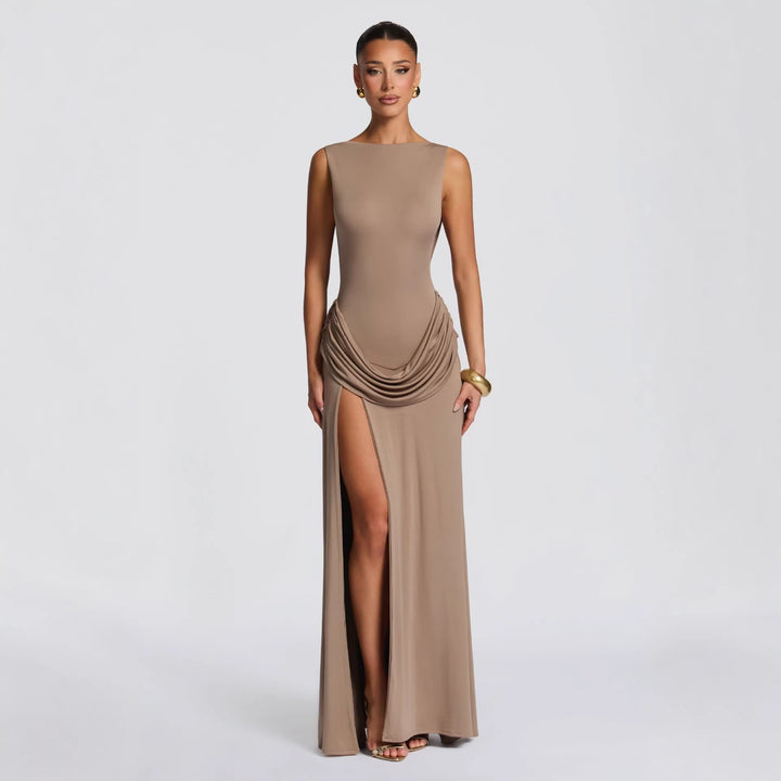 Damen elegantes Wickel-Maxikleid mit asymmetrischem Rüschendesign und sexy Schlitz Drune