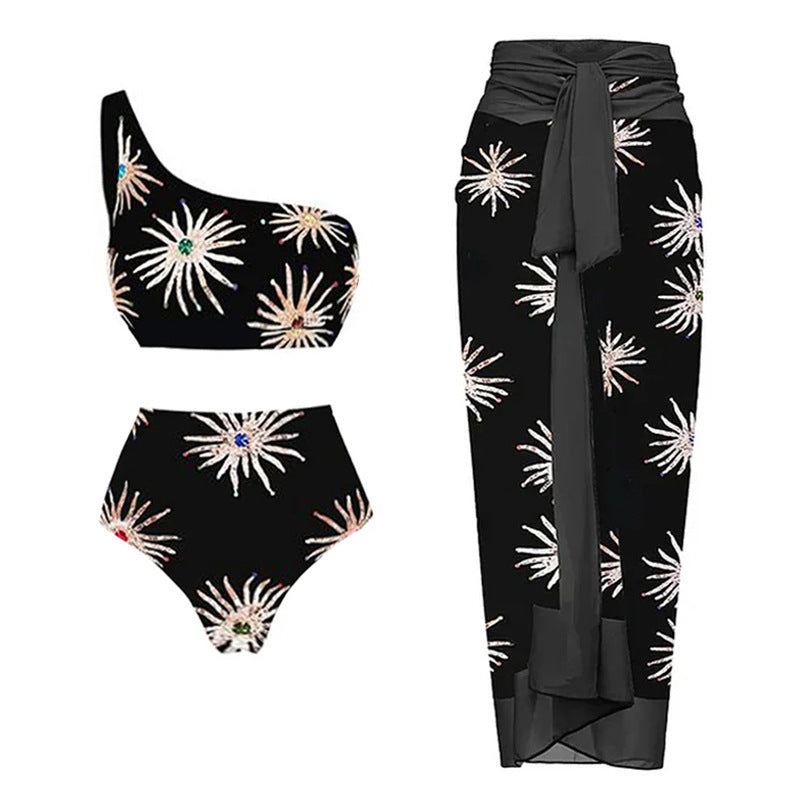 Damen Elegantes asymmetrisches Bikini-Set mit funkelndem Blumendesign Drune
