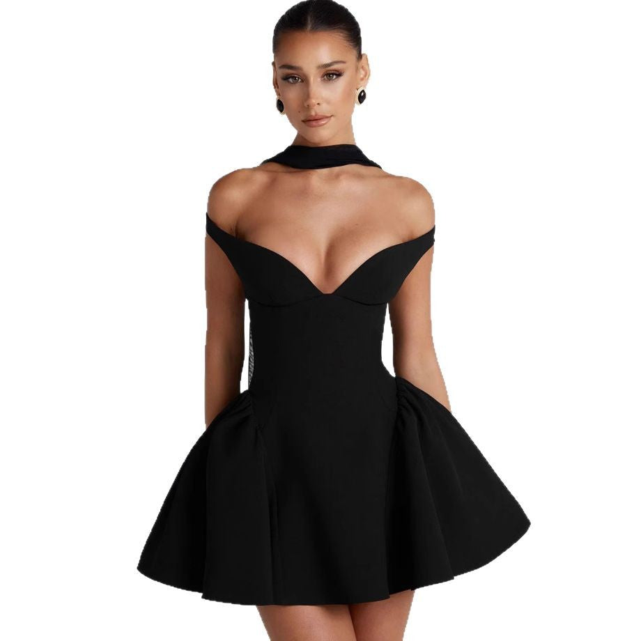 Damen Couture Cocktailkleid mit schulterfreiem Design und voluminösem Rock Drune