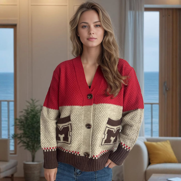 Damen Strickjacke mit dekorativen Taschen und modernem Farbblockdesign Drune