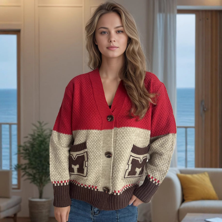 Damen gemütliche Strickjacke mit tiefem V-Ausschnitt und dekorativen Taschen Drune