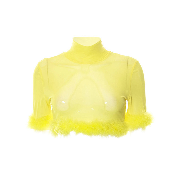 Damen trendiges cropped Oberteil mit glamourösem Federbesatz Drune