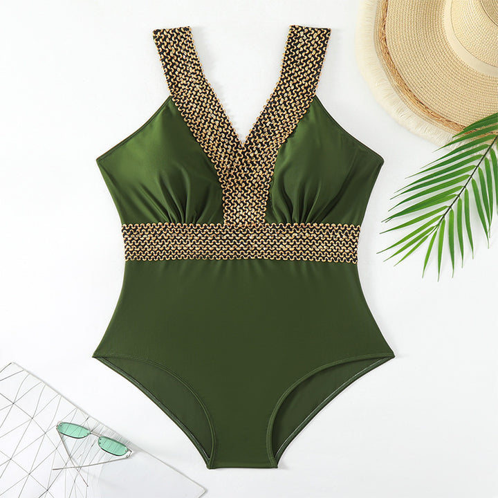 Damen eleganter Einteiler Badeanzug mit luxuriösem Goldakzent Drune