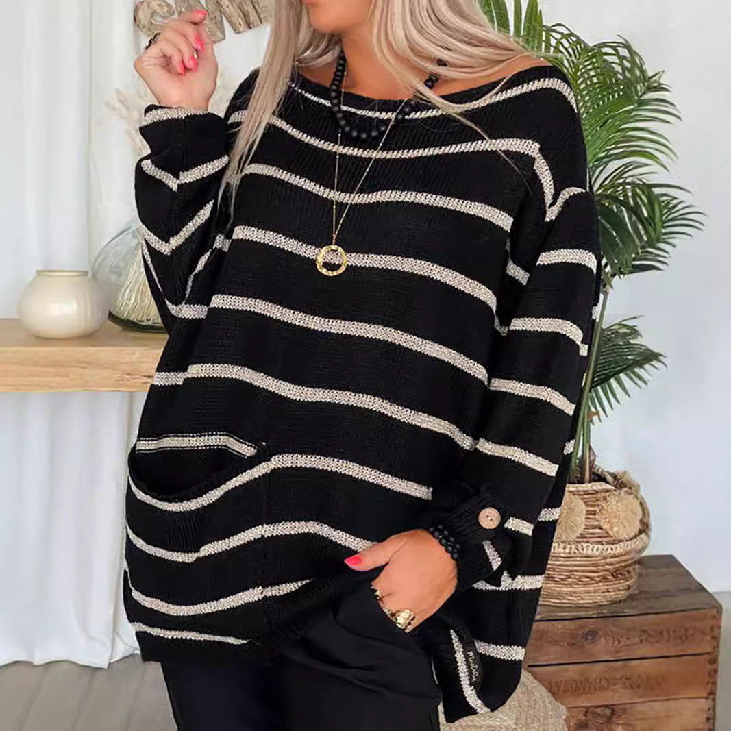 Damen lässiger Strickpullover mit langen Ärmeln und großzügigen Taschen Drune