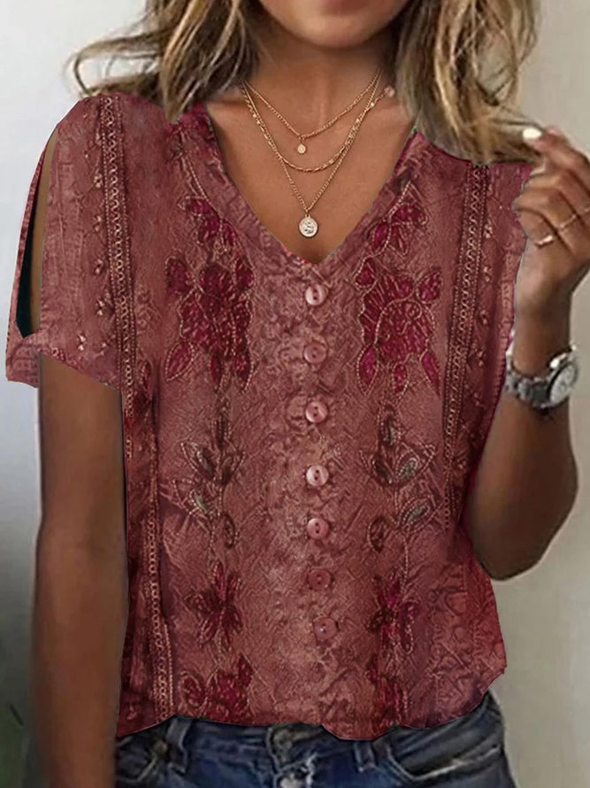 Damen V-Ausschnitt Bluse mit floralen Details und Knopfverschluss Drune
