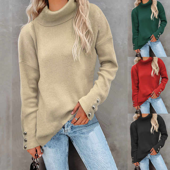 Damen Rollkragenpullover mit gestreiftem Design und dekorativen Knöpfen Drune