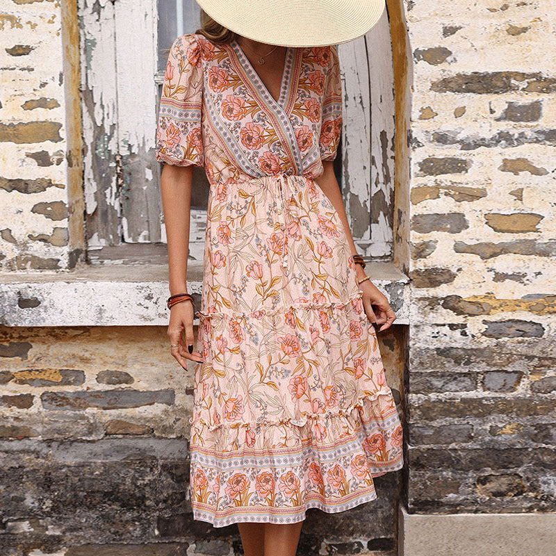 Damen Maxikleid mit floralen Mustern und Rüschen Drune