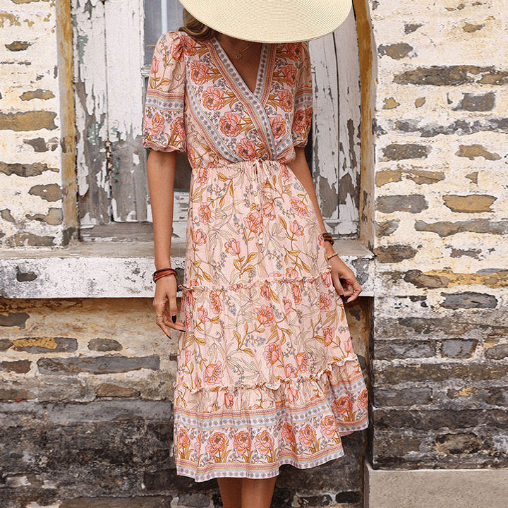 Damen Maxikleid mit floralen Mustern und Rüschen Drune