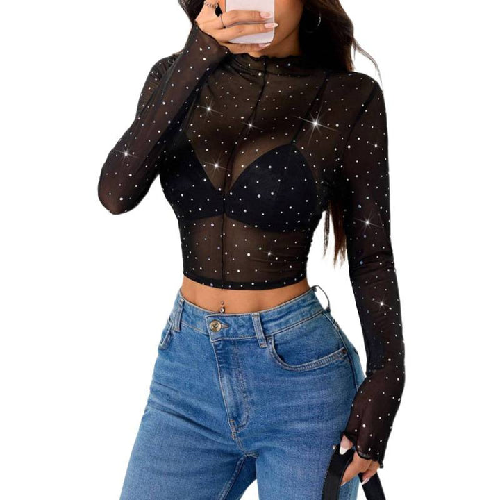Damen Sexy Crop-Top aus transparentem Netz mit funkelnden Akzenten Drune