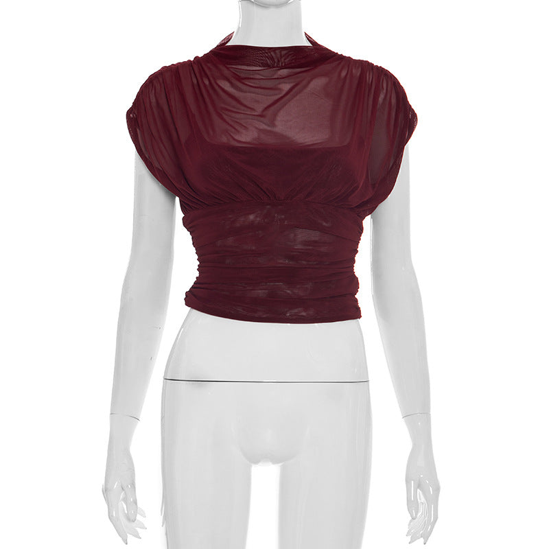 Damen elegantes Oberteil mit modischen Raffungen und transparentem Stoff Drune