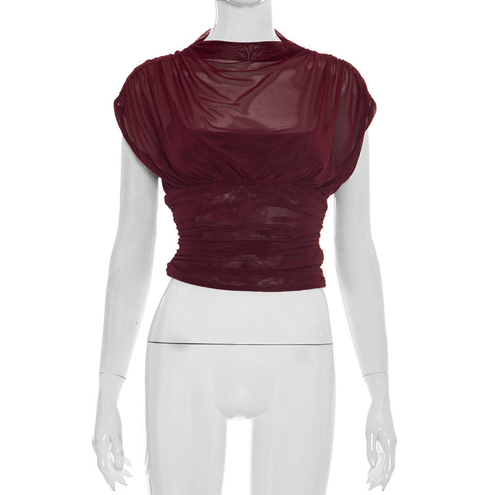 Damen elegantes Oberteil mit modischen Raffungen und transparentem Stoff Drune
