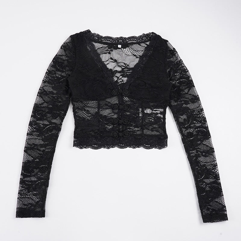 Damen Spitzentop mit romantischem Design und langen Ärmeln Drune