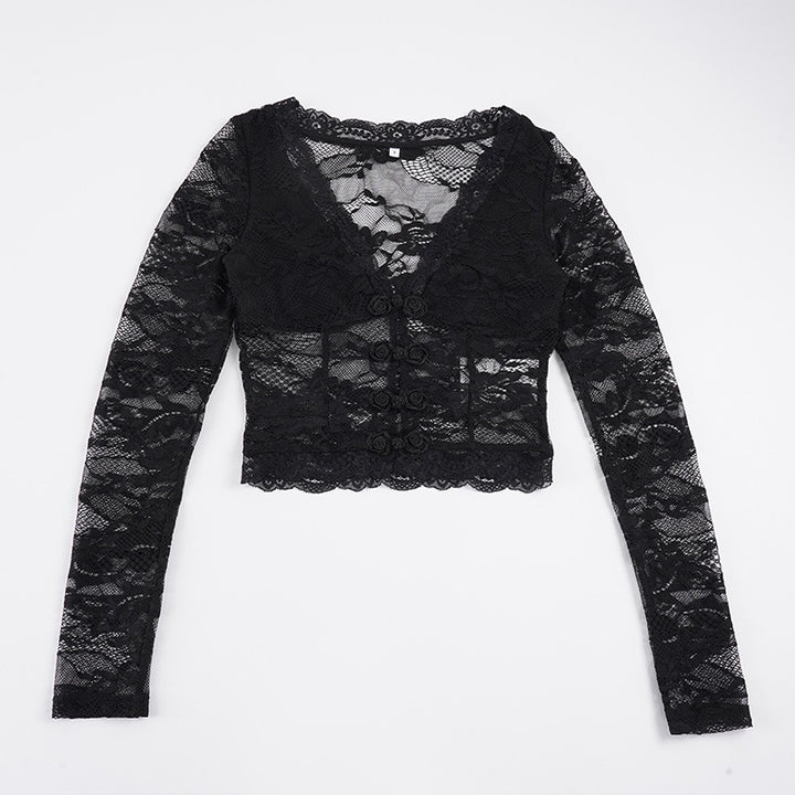 Damen Spitzentop mit romantischem Design und langen Ärmeln Drune
