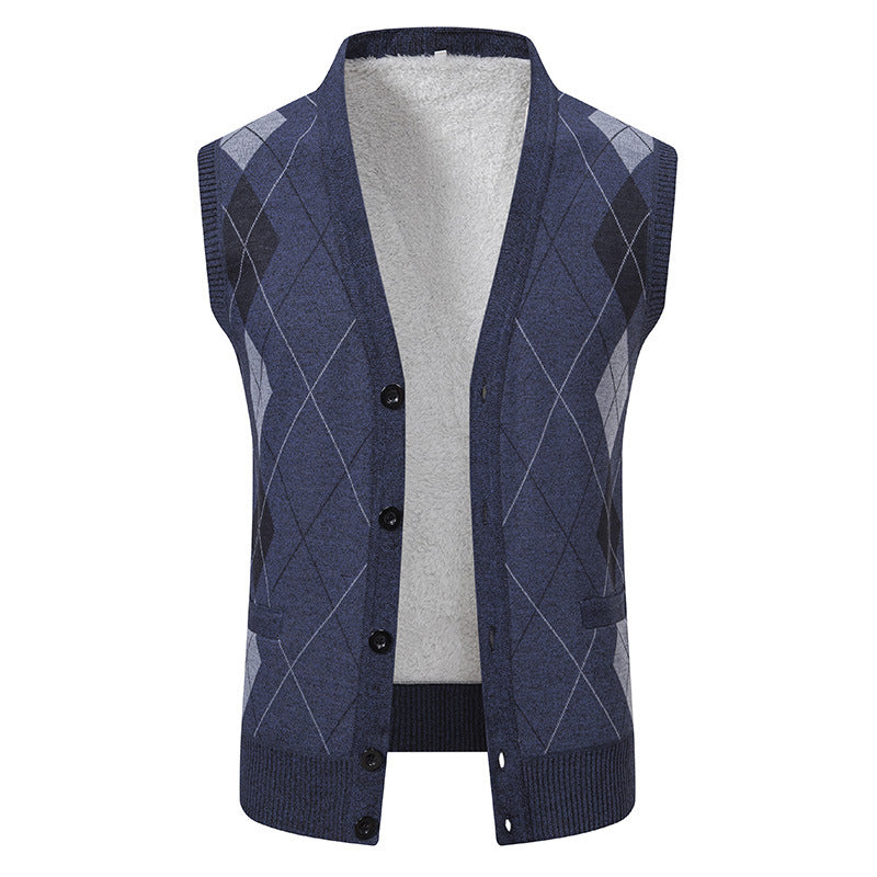Herren nan ärmellose Strickweste mit Argyle-Muster, Teddyfutter und durchgehender Knopfleiste Drune