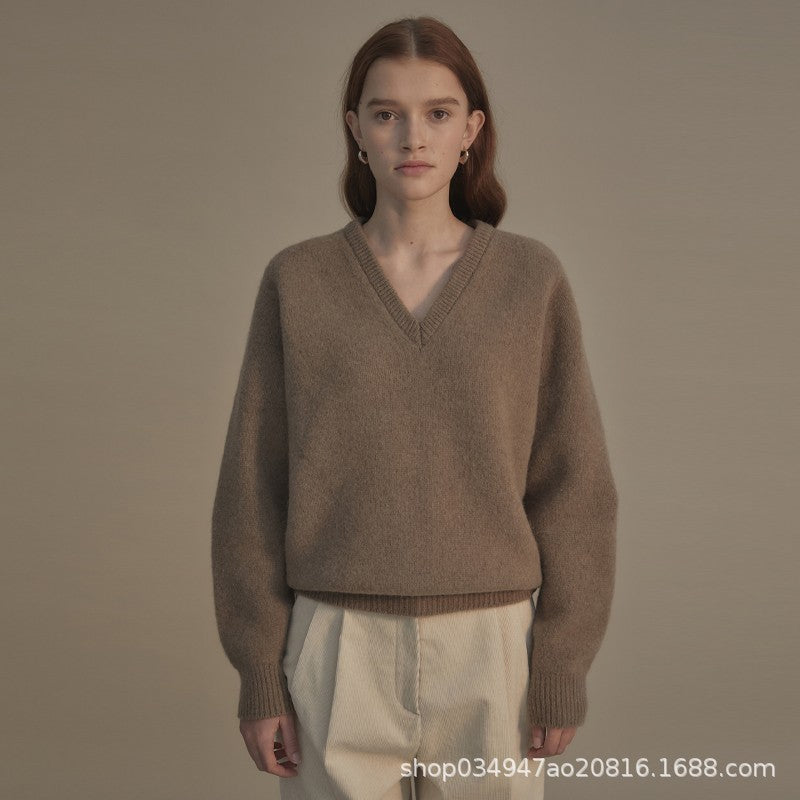 Damen hochwertiger V-Ausschnitt Pullover aus weichem Strick Drune