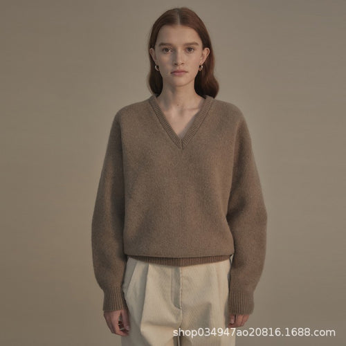 Damen hochwertiger V-Ausschnitt Pullover aus weichem Strick Drune