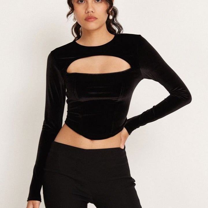 Damen Cropped Langarmoberteil mit innovativem Cut-Out-Design Drune