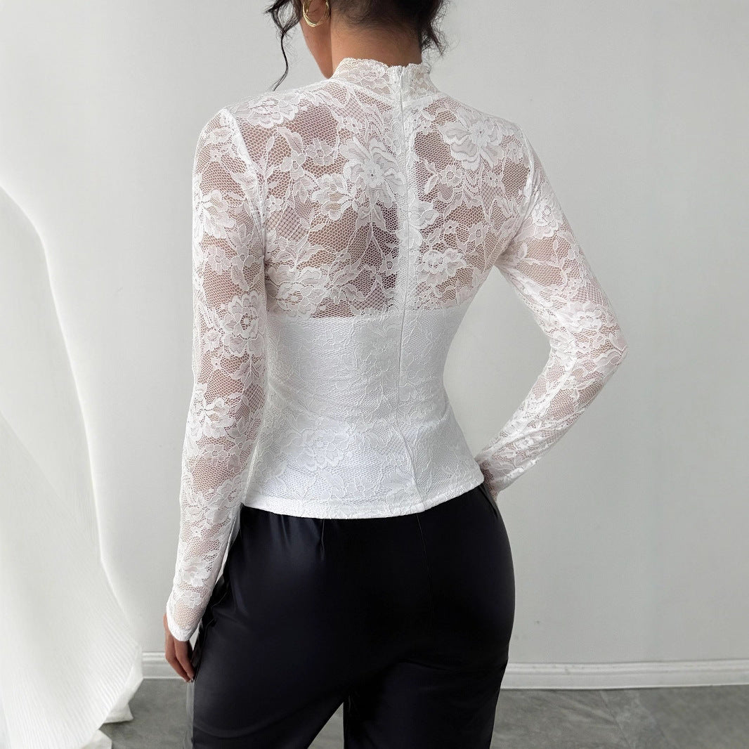 Damen Elegantes Spitzenoberteil mit hochgeschlossenem Kragen und langen Ärmeln Drune