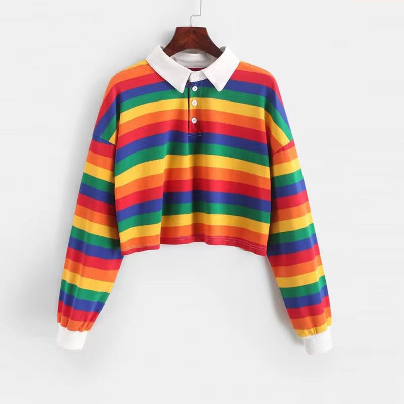Damen Cropped Poloshirt mit bunten Streifen und weitem Schnitt Drune