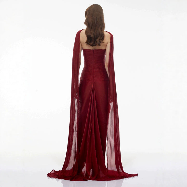 Damen Elegantes Maxikleid mit schulterfreier Silhouette und drapierter Cape-Optik Drune