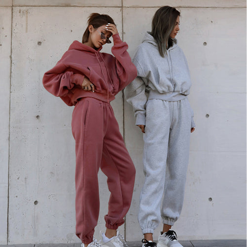 Damen nan kuscheliges kurzes Kapuzenpullover- und hochgeschnittene Jogginghose Set Drune