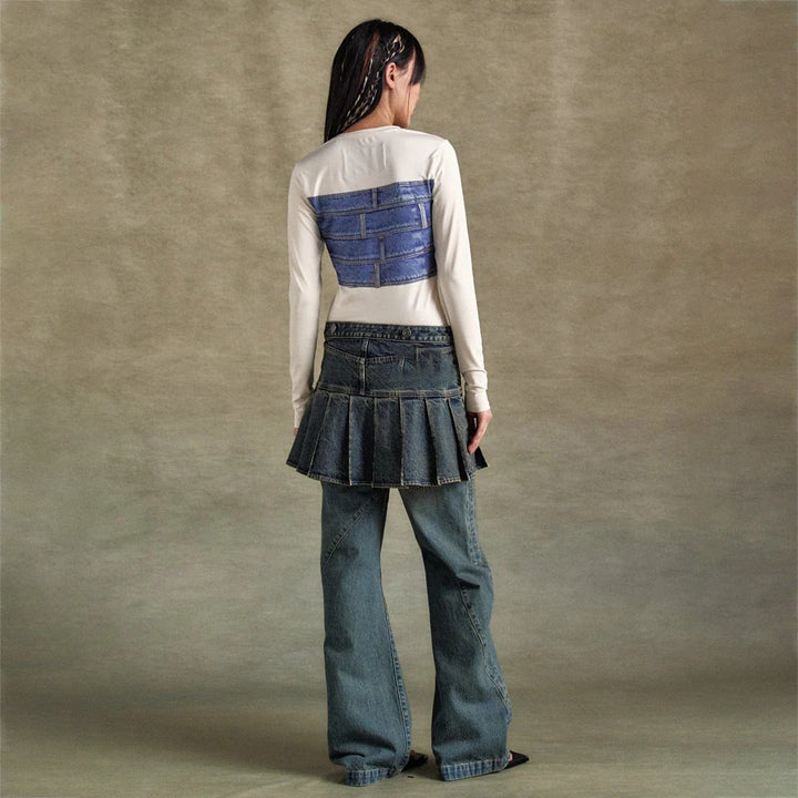 Damen Langarmshirt mit kreativem Denim-Druck und figurbetontem Schnitt Drune