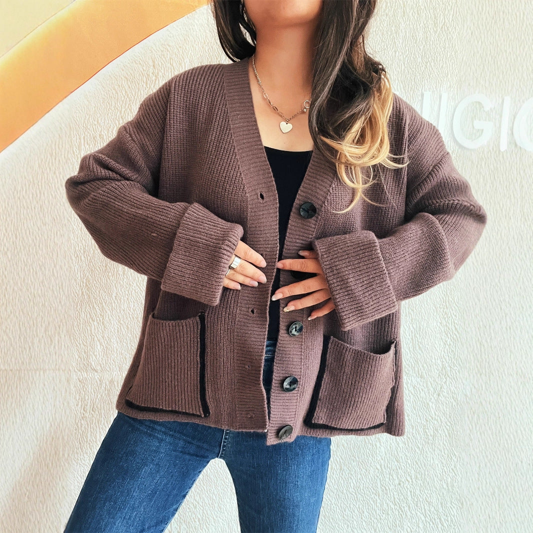 Damen weicher Strickcardigan mit tiefem V-Ausschnitt und großen Taschen Drune