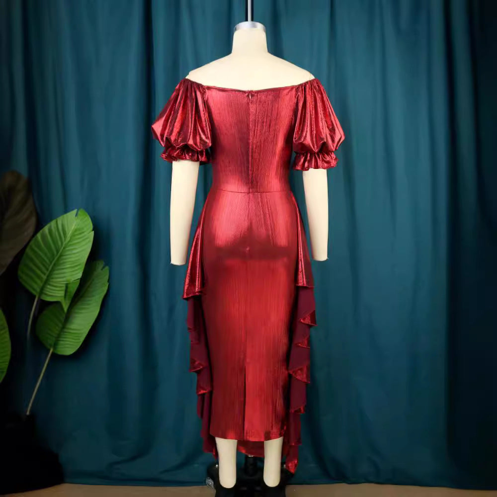 Damen elegantes Kleid mit voluminösen Ballonärmeln und asymmetrischem Saum Drune