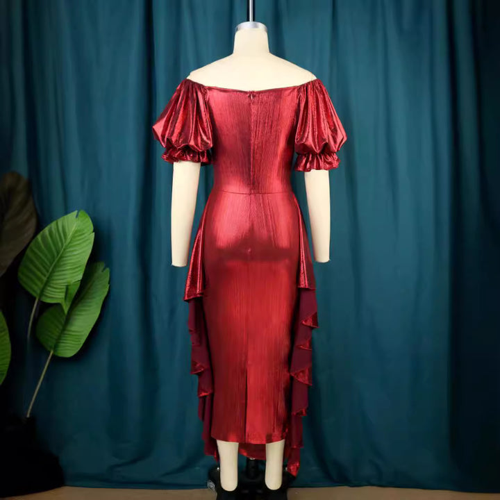 Damen elegantes Kleid mit voluminösen Ballonärmeln und asymmetrischem Saum Drune