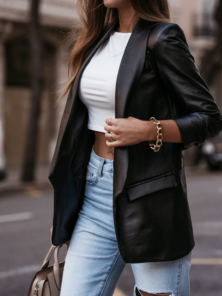 Damen Kunstleder Blazerjacke mit modernem Schnitt und schickem Revers Drune