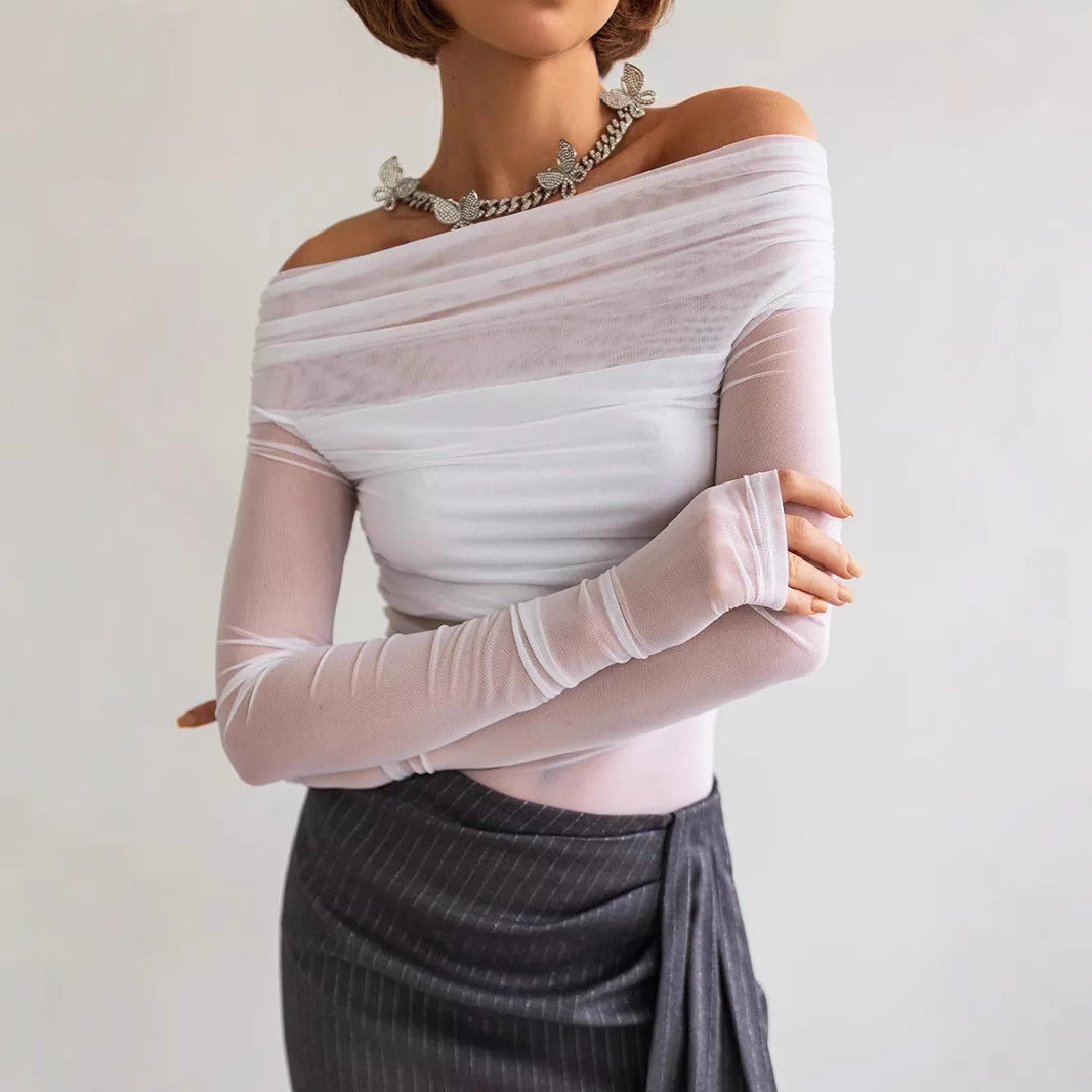 Damen Off-Shoulder Langarmshirt aus leicht transparentem Stoff mit raffiniertem Drapierungseffekt Drune
