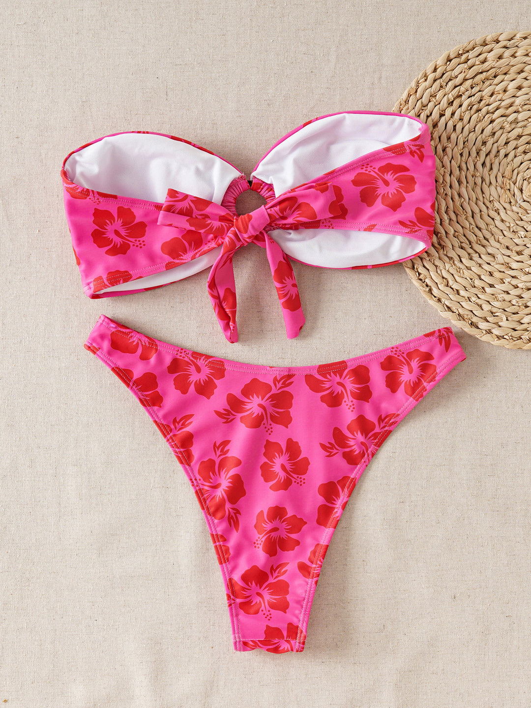 Damen Bandeau-Bikini-Set mit verziertem Knoten und floralem Muster Drune