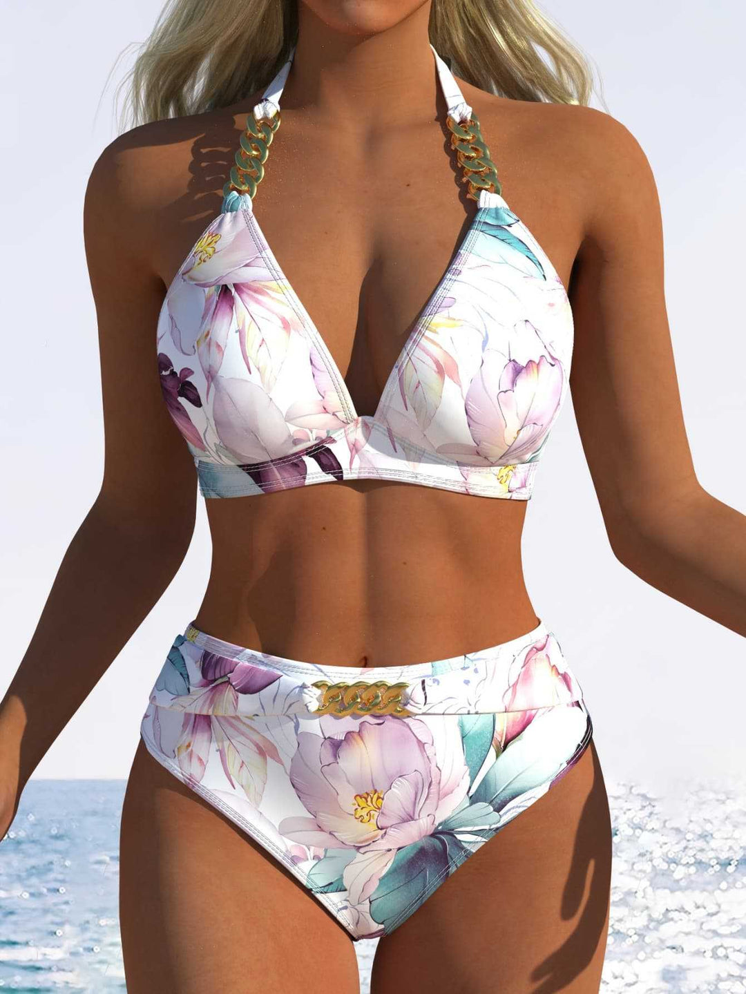 Damen Bikini-Set mit hohem Taillenschnitt und elegantem Blumendruck Drune
