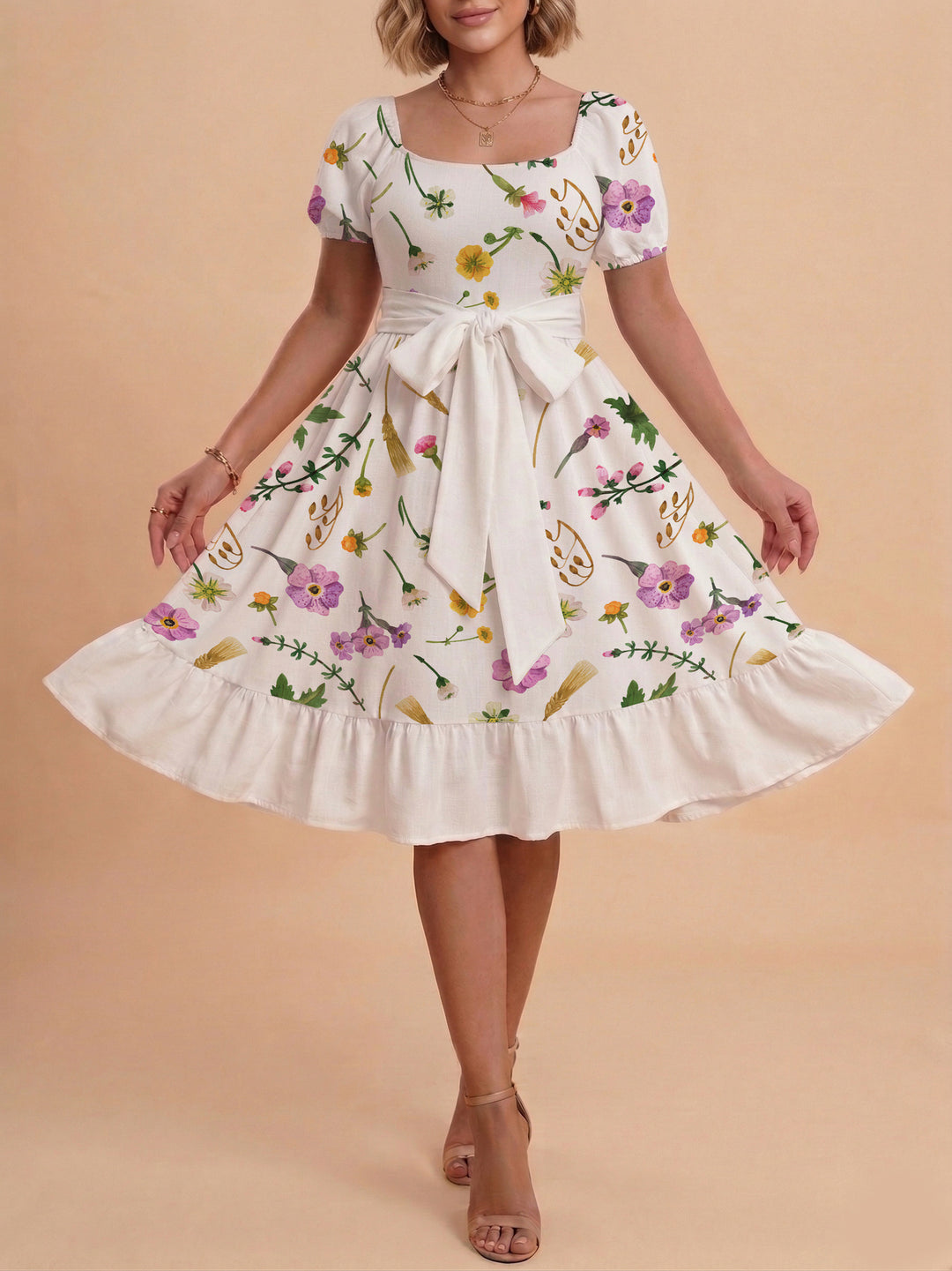 Damen modernes Blumenkleid mit elegantem Taillengürtel und asymmetrischem Saum Drune
