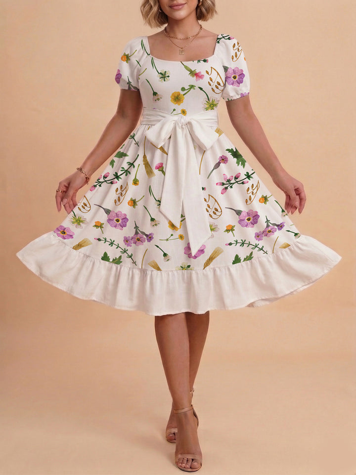 Damen modernes Blumenkleid mit elegantem Taillengürtel und asymmetrischem Saum Drune