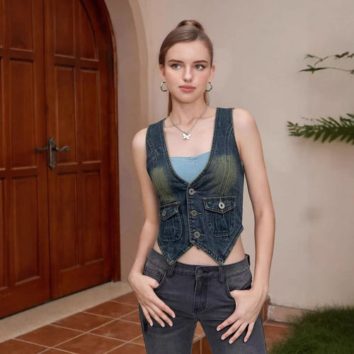 Damen ärmellose Denim-Weste mit aufgesetzten Taschen und tiefem V-Ausschnitt Drune