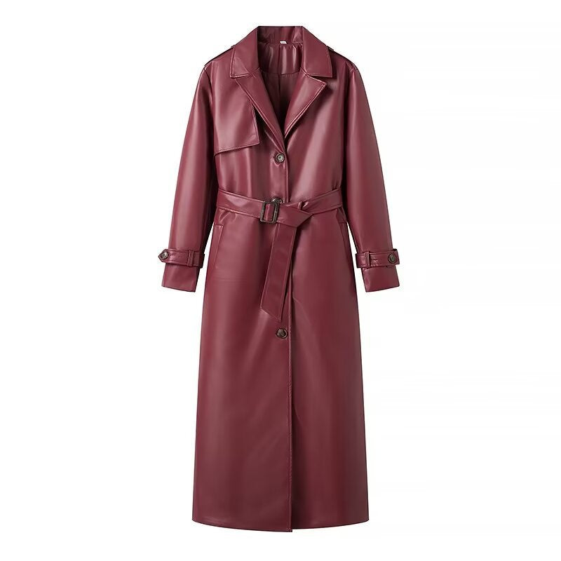 Damen elegante Kunstleder Trenchjacke mit Gürtel und hohen Revers Drune