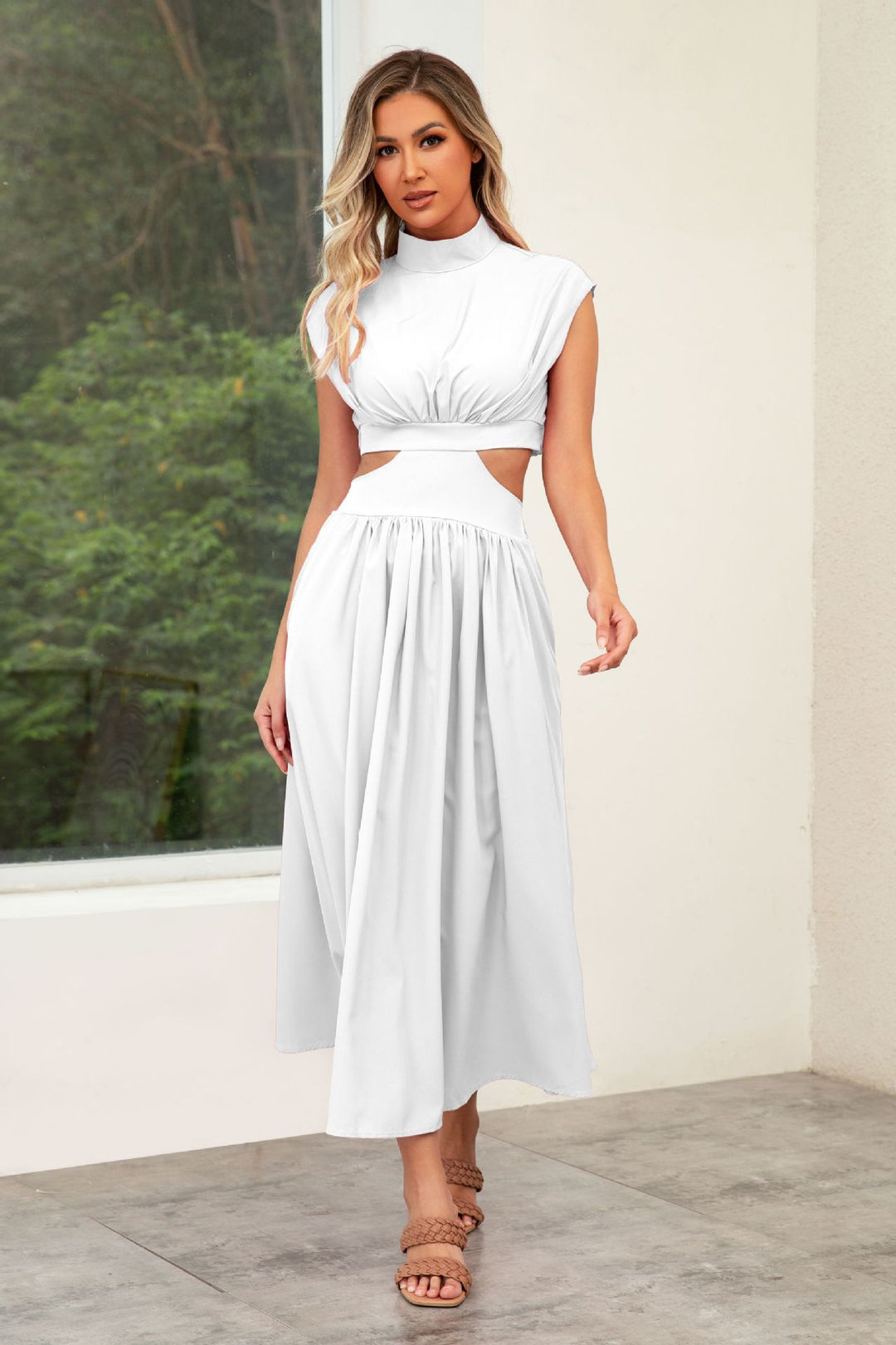 Damen Cut-Out Sommerkleid mit hohem Kragen Drune