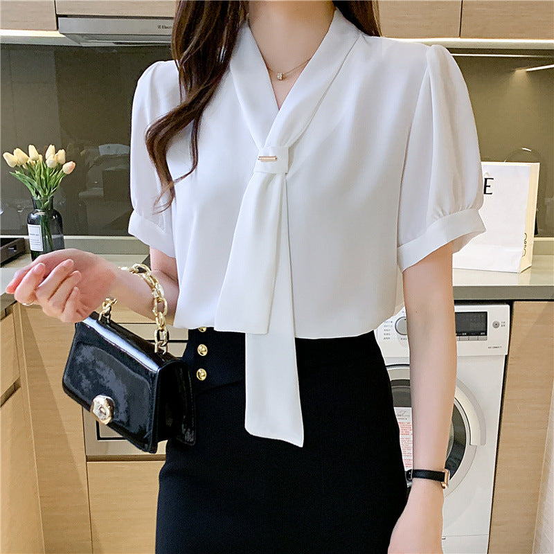 Damen Bluse mit eleganter Schleife und modischen Puffärmeln Drune