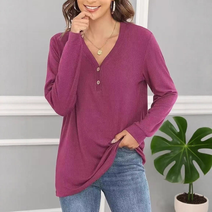 Damen lässiges Langarmshirt mit Knopfleiste und feiner Struktur Drune